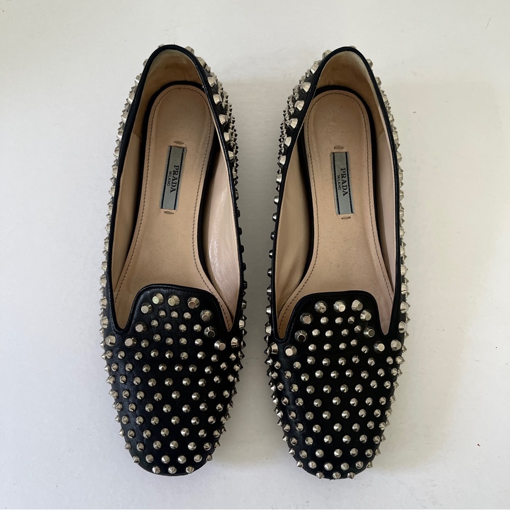 Prada Studded Black Leather Loafers, Womens, IT 39.5 / US 9.5